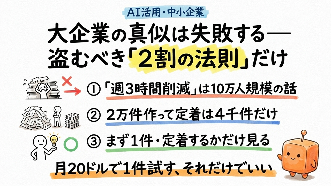 大企業の「週3時間削減」は真似しなくていい—盗むべきは2万件中4千件の“定期利用GPT”だけ