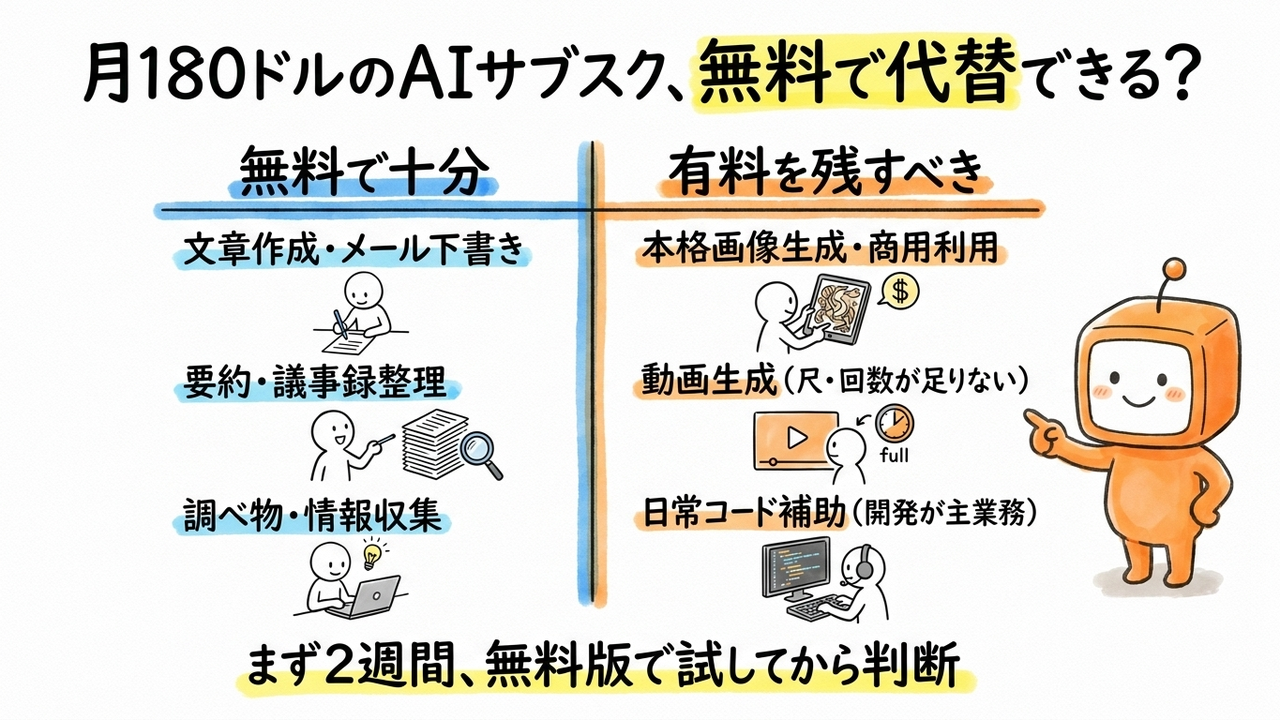 月180ドルのAIサブスク、無料ツールでどこまで代替できるか——ChatGPT無料版の実力アップを起点に検証する