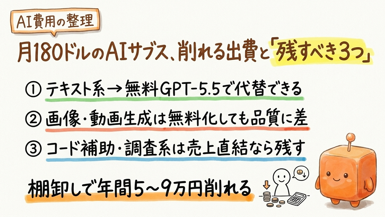 月180ドルのAIサブスク、本当に全部要る？無料版GPT-5.5で削れる出費と「残すべき3つ」