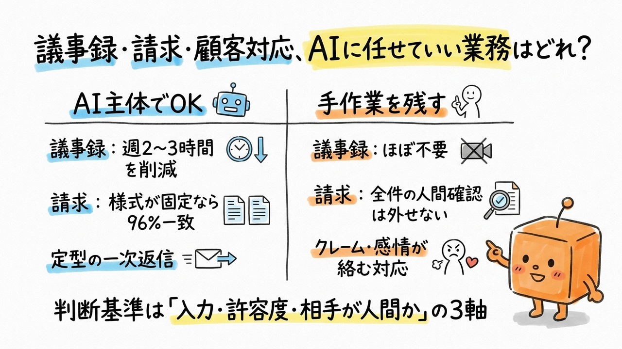 議事録・請求処理・顧客対応：AI導入と手作業を3軸で比較する