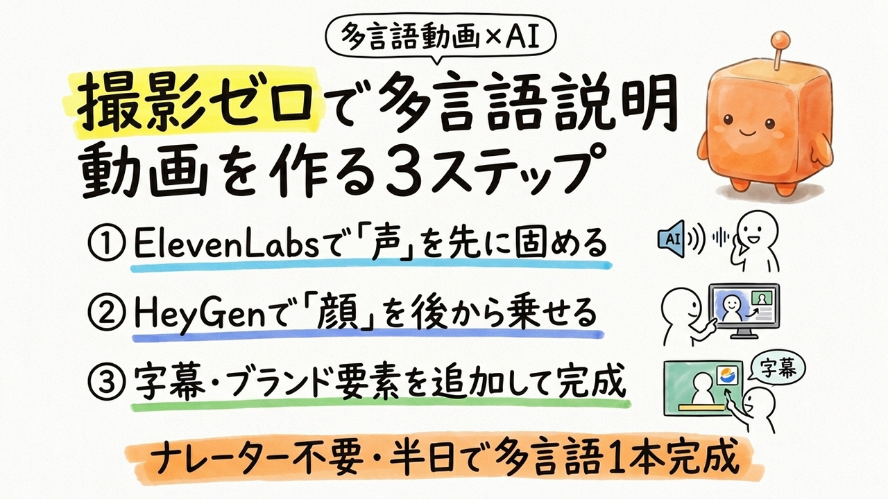 撮影なしで多言語の説明動画を作る:HeyGenとElevenLabsの手順と導入判断基準
