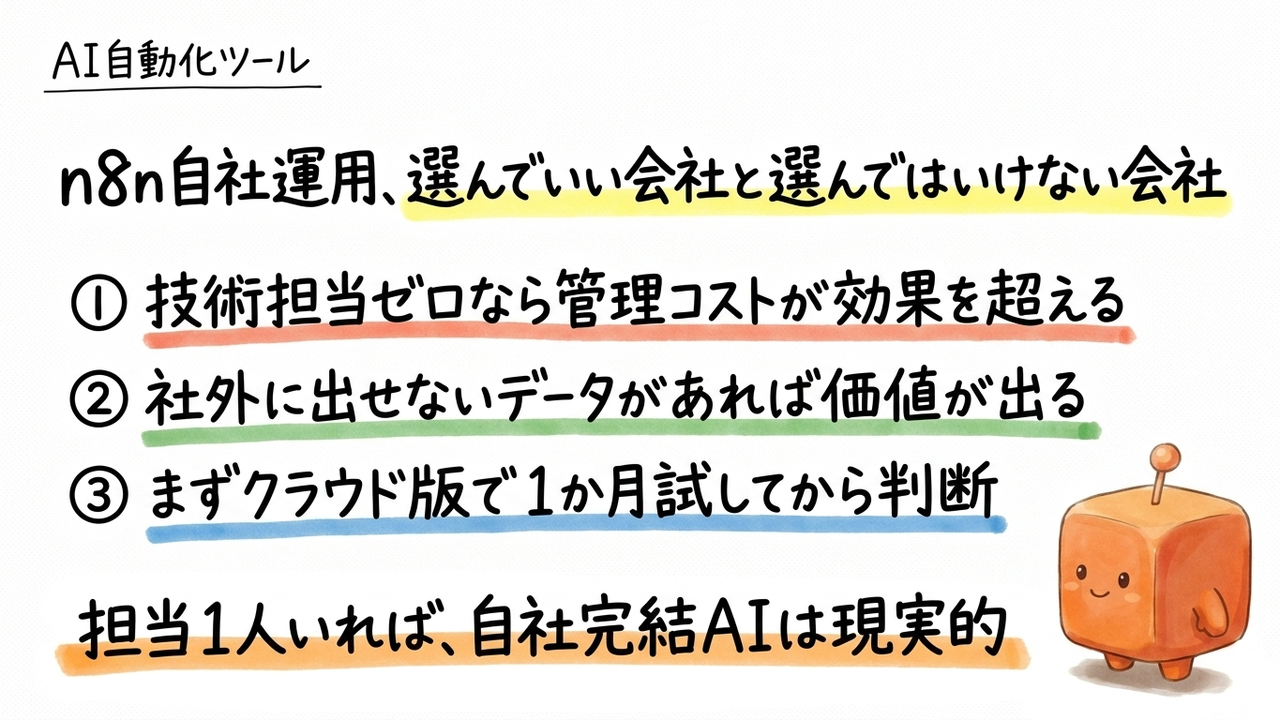 自社サーバーでAI自動化を動かせるn8nを中小企業が選ぶ条件を整理する
