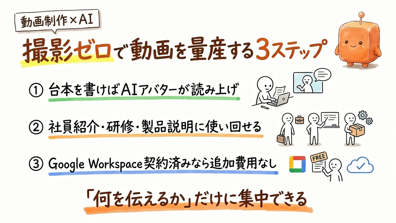 撮影も出演者も不要、Google VidsのAIアバターで社員動画を作る手順