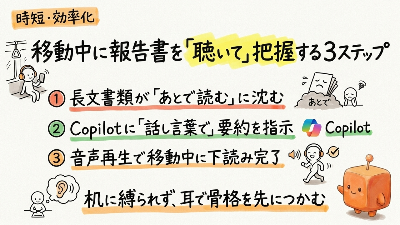 移動中に40ページの報告書を把握する、CopilotのWord音声要約を使う手順