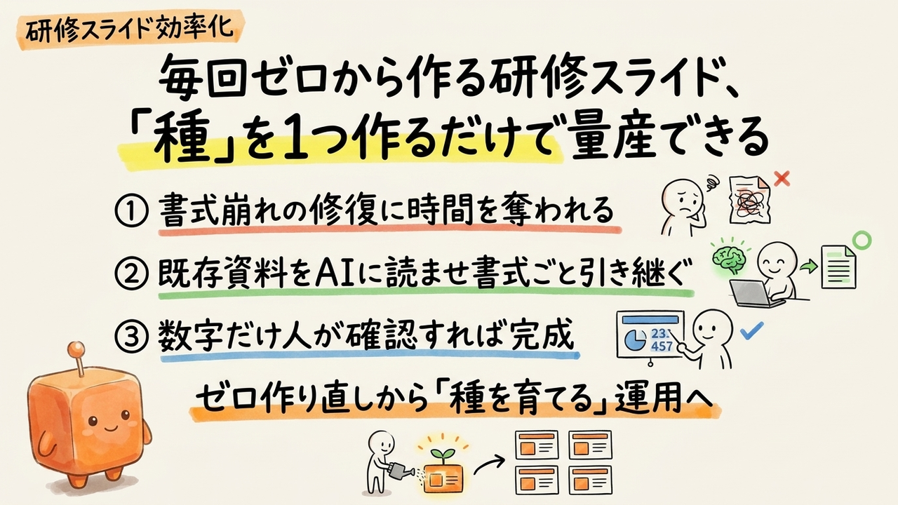 書式が崩れた研修スライド、既存資料を種にしてGoogle SlidesのAIで引