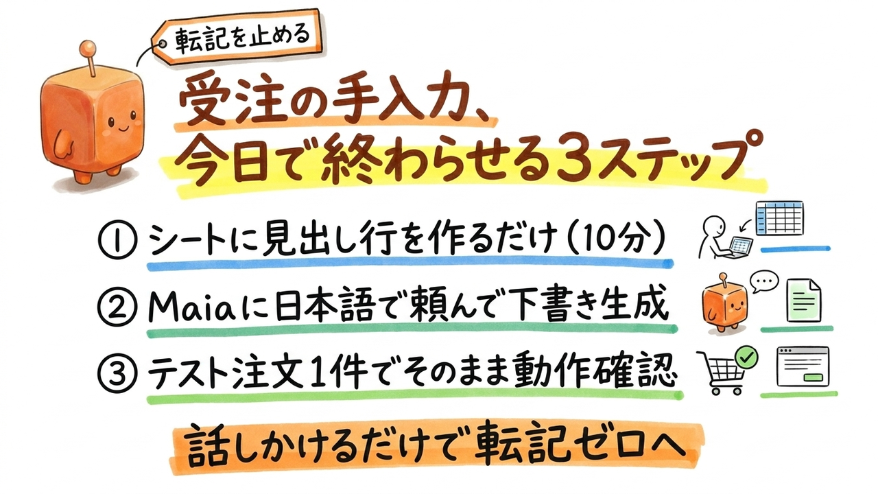 受注メールのたびに走る転記作業、MaiaへのひとことでMakeが代わりに動く手順