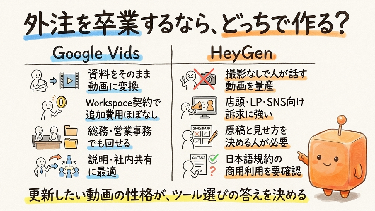 製品動画の更新コストが重い担当者、Google VidsとHeyGenどちらを選