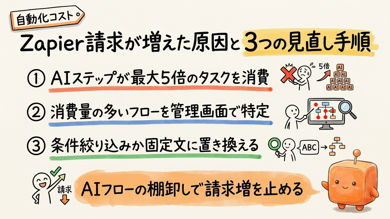 ZapierのAIステップが最大5倍課金になり、使用中フローの見直し手順をまとめ