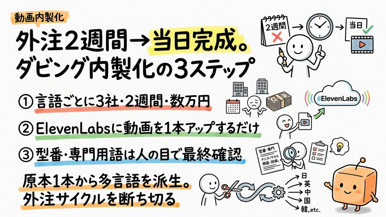 製品動画のナレーション翻訳を3社外注していた輸出担当がElevenLabsで内製