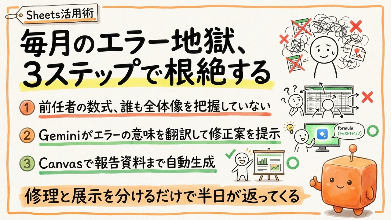 毎月同じ数式エラーに詰まる担当者、GeminiでSheetsの修正から報告資料ま