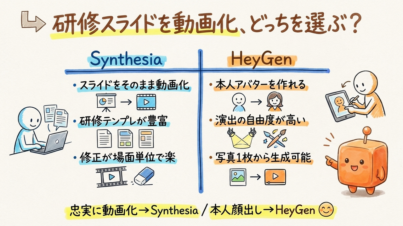 HeyGenかSynthesiaか、既存スライドを動画化する担当者向け判断軸