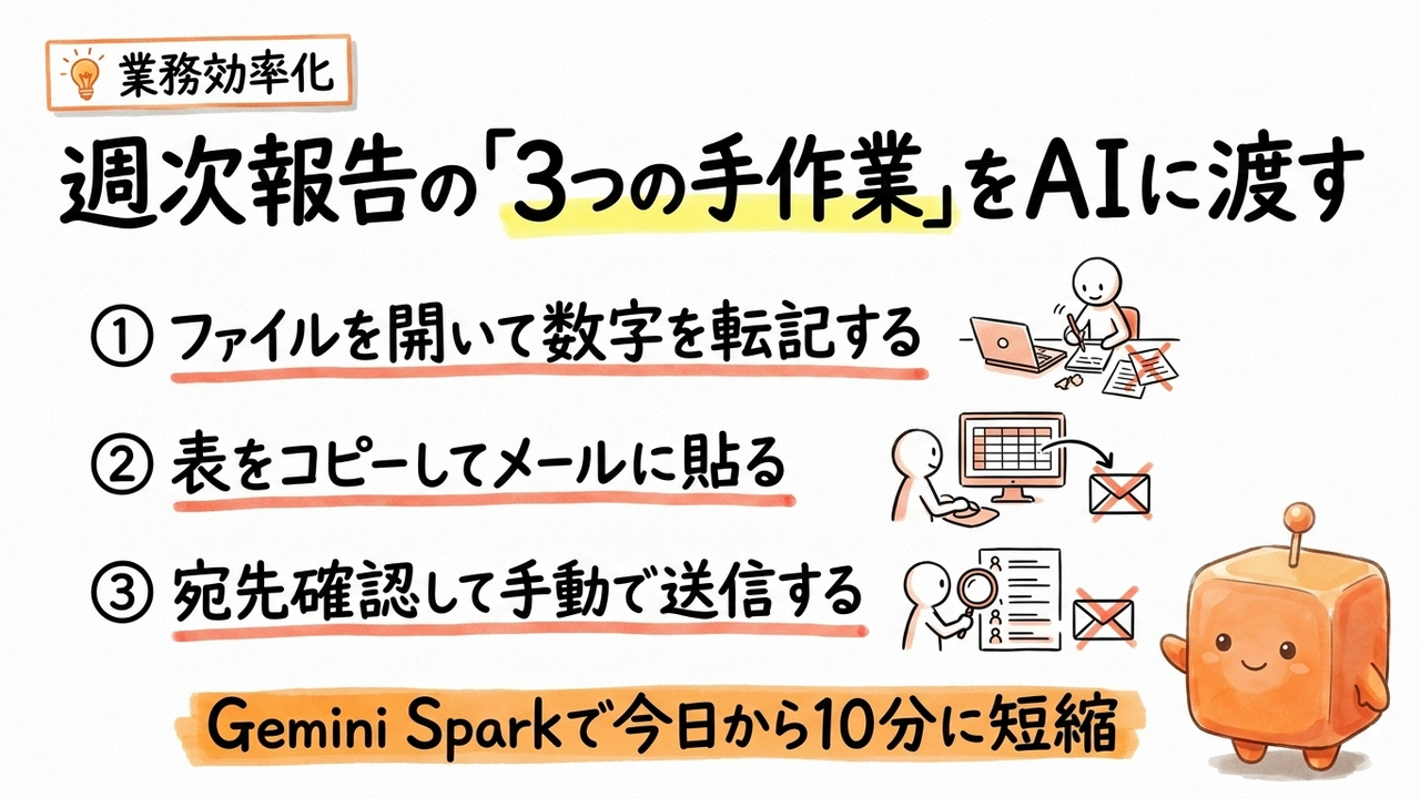 週次メールと進捗更新に毎回30分、Google Workspace連携で10分に