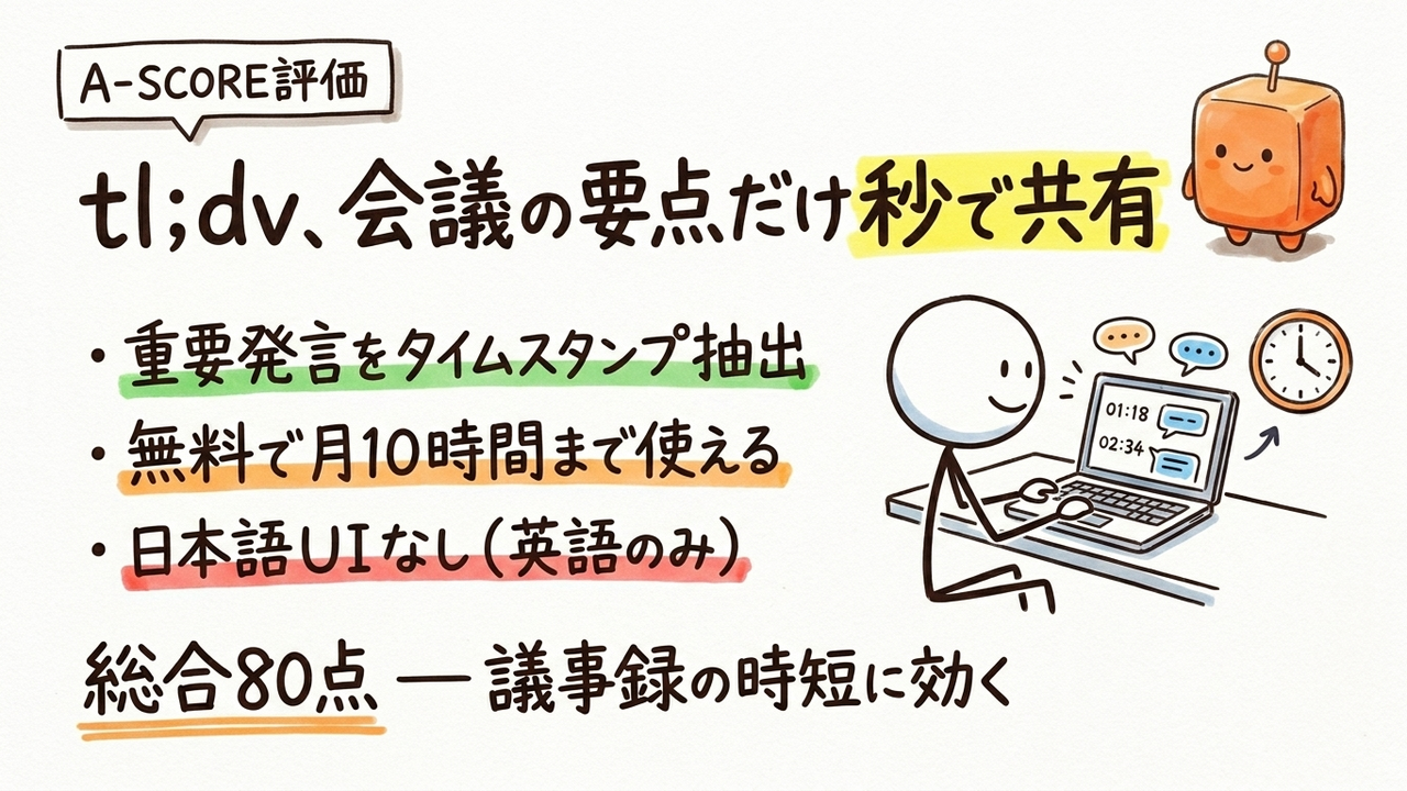 tl;dv A-SCORE評価｜中小企業視点の6軸スコアと総合80点の理由