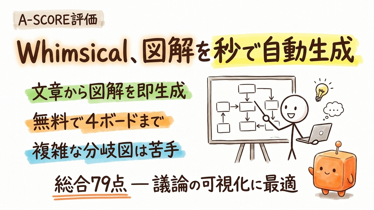 Whimsical AI A-SCORE評価｜中小企業視点の6軸スコアと総合79点の理由